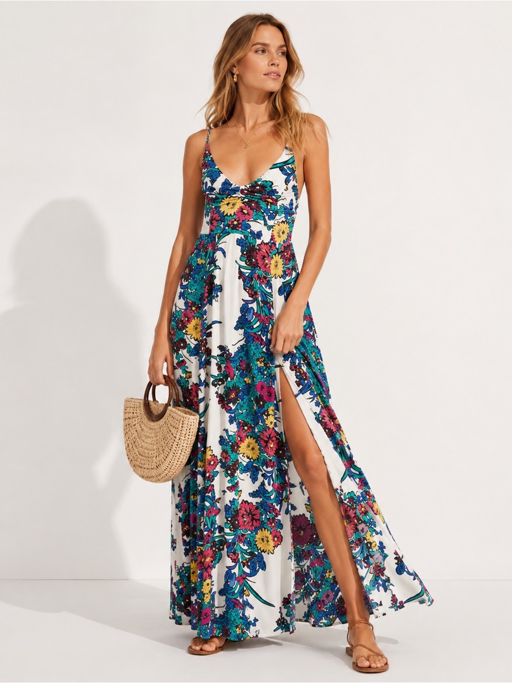 Free People Through The Vine Printed Maxi Slip Dress Ivory Combo Floral Size S - Picture 1 of 16